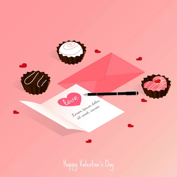 Glücklicher Valentinstag Isometrischer Schokoladenkuchen Geschenkset Box Vektor — Stockvektor