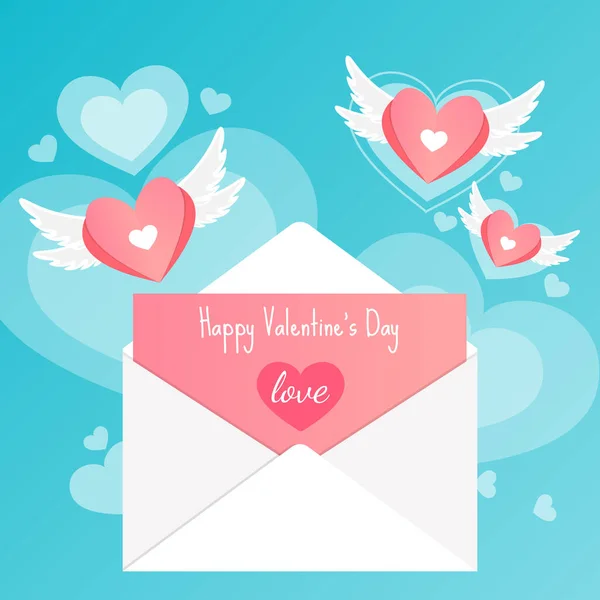 Feliz Dia Dos Namorados Carta Amor Cartão Coração Asas Fundo — Vetor de Stock