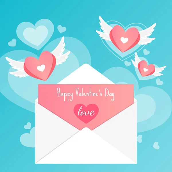 Heureux Jour Saint Valentin Lettre Amour Carte Coeur Ailes Fond — Image vectorielle