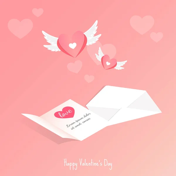 Heureux Jour Saint Valentin Lettre Amour Carte Coeur Ailes Fond — Image vectorielle