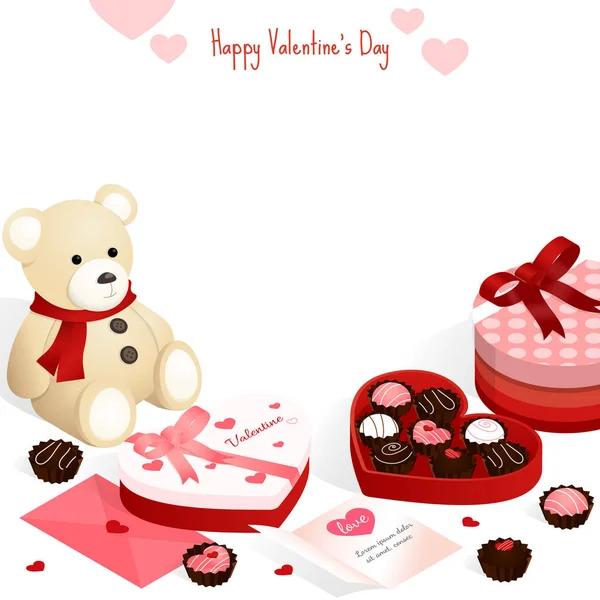 Feliz Día San Valentín Isométrica Caja Regalo Chocolate Osito Peluche — Vector de stock