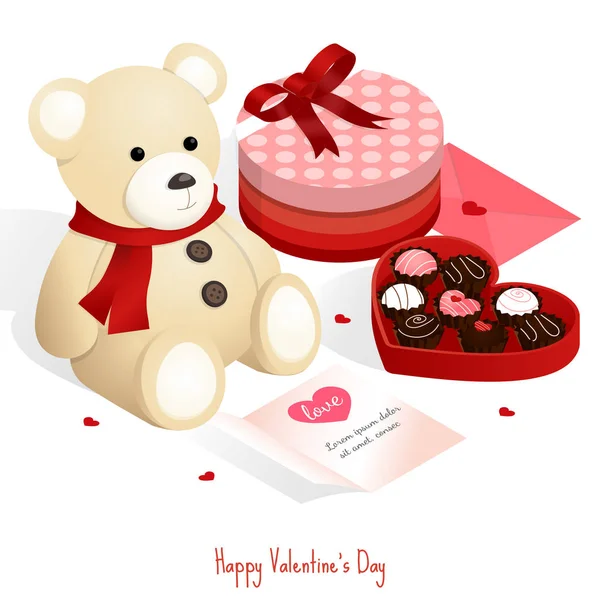 Glücklicher Valentinstag Isometrische Schokolade Geschenkbox Teddybär Vektor — Stockvektor