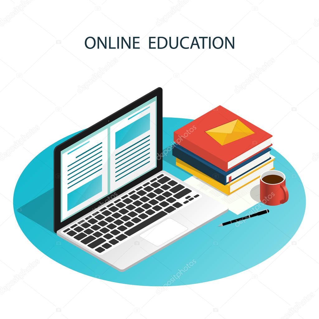 isometric computer online e-learning,online education vector