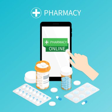 İzometrik ilaç şişesi, online eczane vektörü
