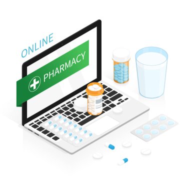 İzometrik ilaç şişesi, online eczane vektörü