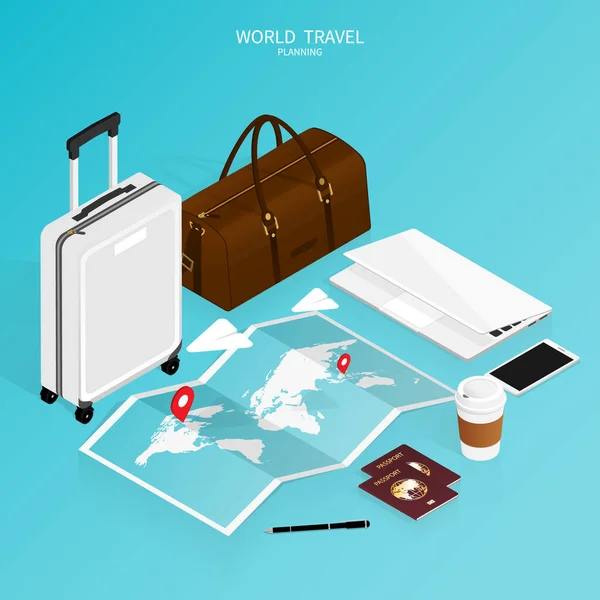 Isometric Online Booking Passport World Map Trip Plan Travel Vector — Stock Vector