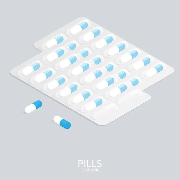 Medicamento Isométrico Blister Embalagem Pílulas Vetor — Vetor de Stock
