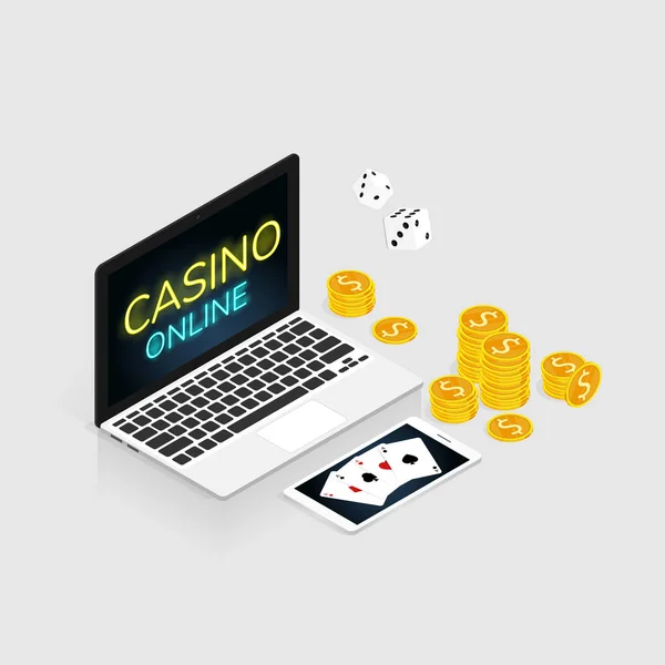 Isometrische Casino Online Card Würfel Coins Vektor — Stockvektor