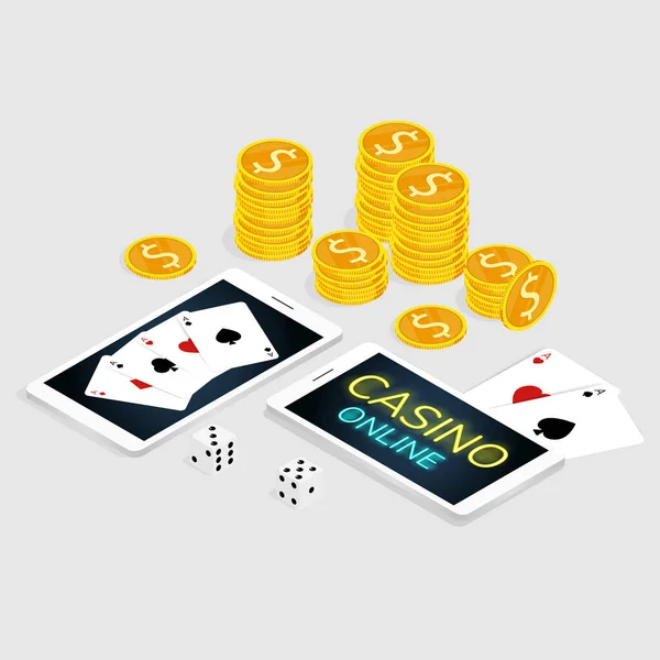 Isometrische Casino Online Card Würfel Coins Vektor — Stockvektor