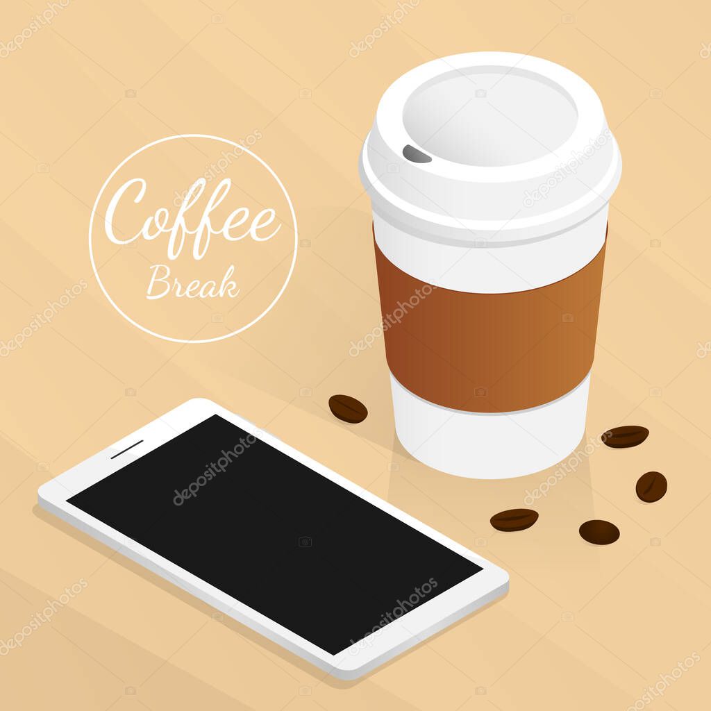 isometric coffee break,cup of coffee on wooden table vector