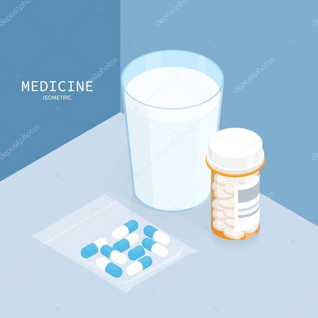 isometric medicine pills bottle, glass of water swallow pills vector