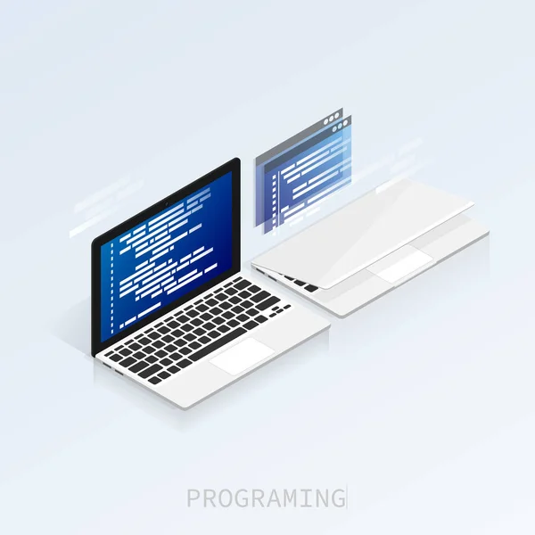Programcı Ikili Bilgisayar Izometrik Düz Vektörü Kodluyor — Stok Vektör