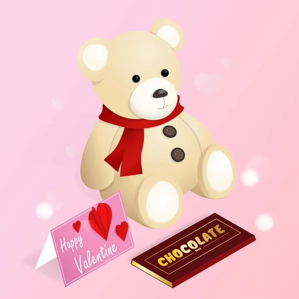 Glücklicher Valentinstag Isometrische Valentin Rose Teddybär Schokolade Geschenk Liebe Karte — Stockvektor