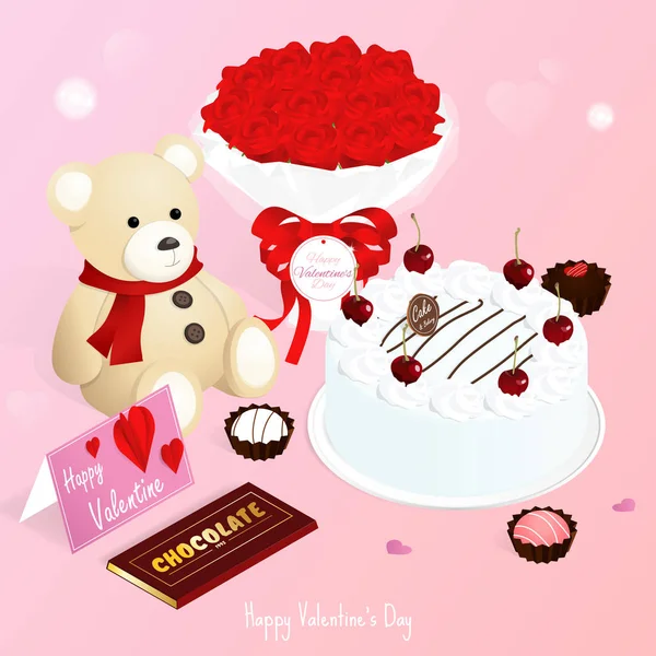 Glücklicher Valentinstag Isometrische Valentin Rose Teddybär Schokolade Geschenk Liebe Karte — Stockvektor