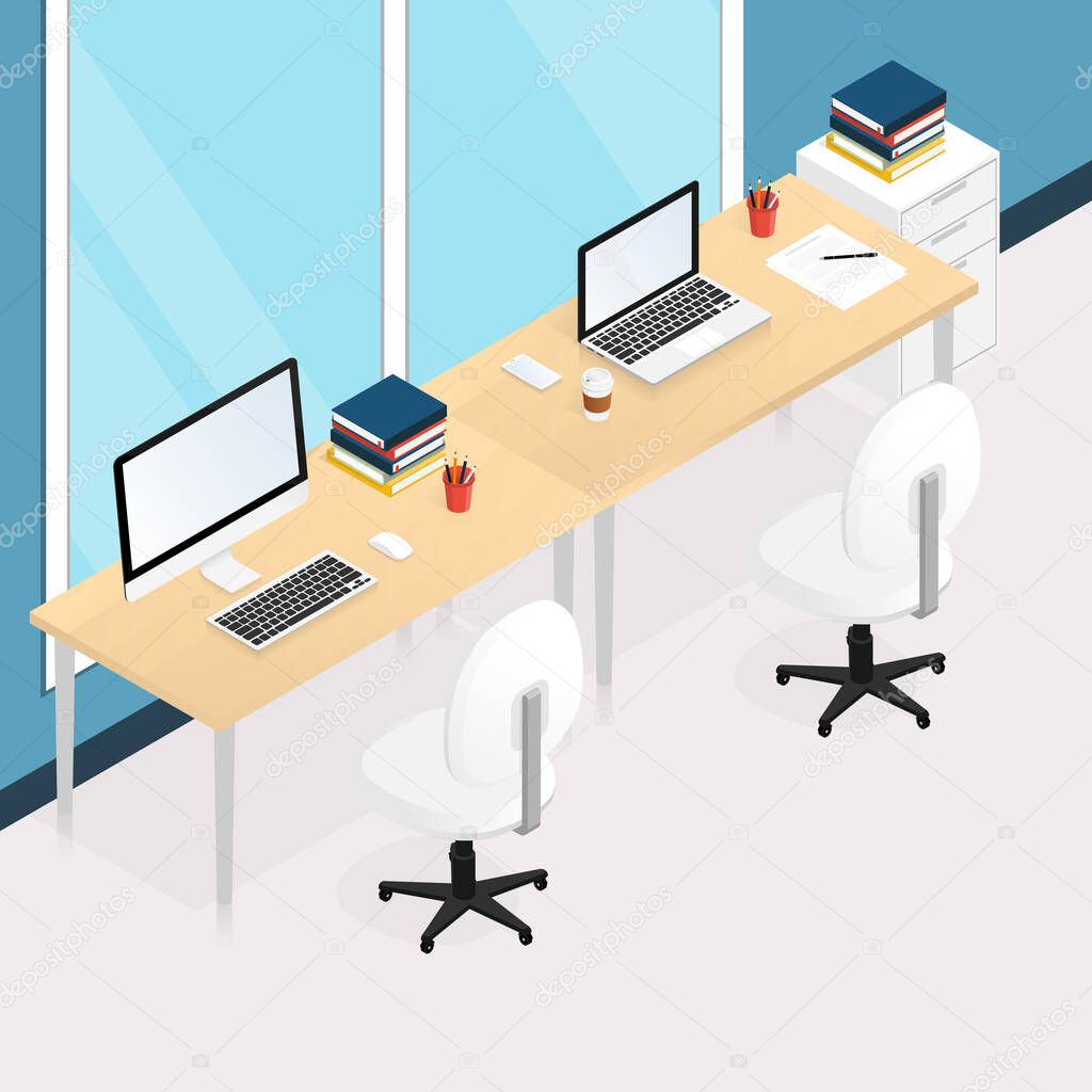 isometric office work place laptop vector