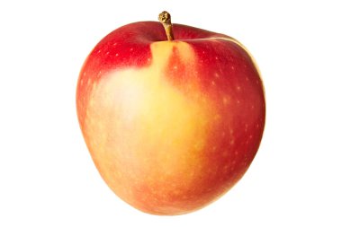 Taze kırmızı bir elma gölgesiz beyaz arka planda izole edilmiş. Yakın plan.