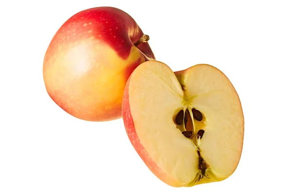 Μισό Και Ολόκληρο Φρέσκο Κόκκινο Μήλο Απομονωμένο Λευκό Φόντο Χωρίς — Φωτογραφία Αρχείου