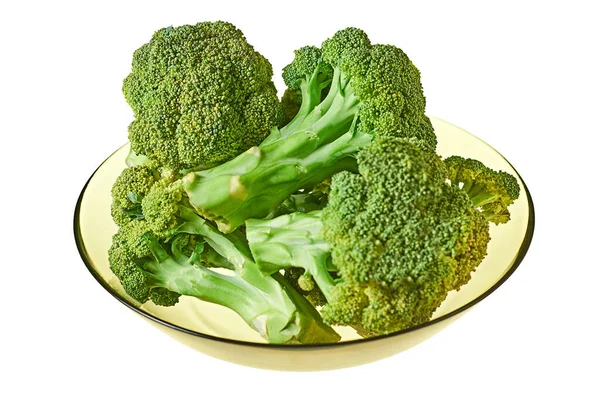 Banyak Cabang Brokoli Hijau Segar Pada Piring Kaca Bulat Yang — Stok Foto