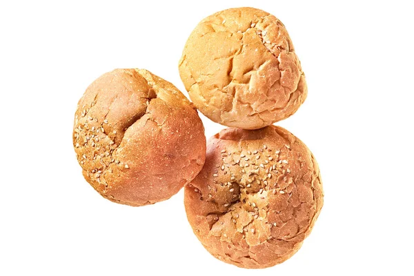 Drei Leckere Frische Vollkornbrötchen Mit Sesam Für Hamburger Cheeseburger Oder — Stockfoto