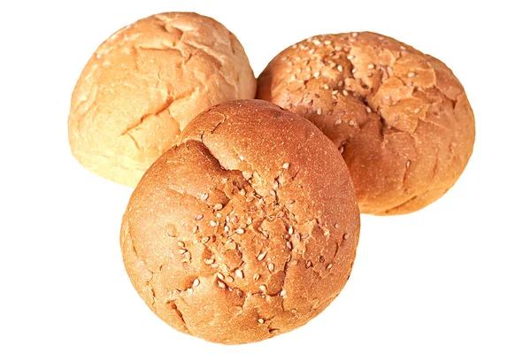 Drei Leckere Frische Vollkornbrötchen Mit Sesam Für Hamburger Cheeseburger Oder — Stockfoto