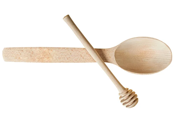 木制勺子和带肋的果汁机 用于蜂蜜分离的白色背景没有阴影 顶部视图 — 图库照片