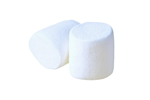 Dva Kousky Syrové Sladké Chutné Marshmallows Válcovitá Forma Izolované Bílém — Stock fotografie