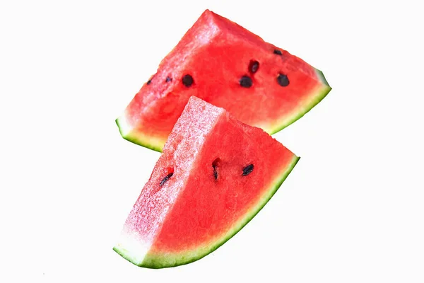 Zwei Stücke Frische Wassermelone Form Eines Dreiecks Mit Rotem Reifem — Stockfoto