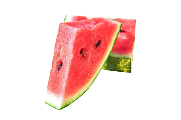 Paar Stukjes Verse Watermeloen Vorm Van Een Driehoek Met Rode — Stockfoto