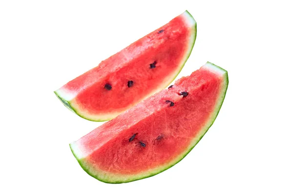 Zwei Stücke Frische Wassermelone Mit Rotem Reifem Saftigen Fruchtfleisch Und — Stockfoto