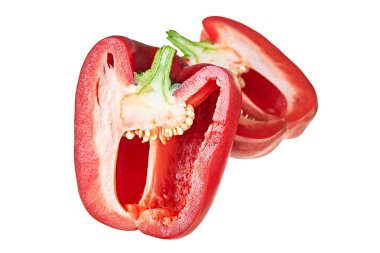 Lezzetli salata ya da kahvaltıda yemek pişirmek için vitamin dolu lezzetli kırmızı çiğ Bulgar biberi. Ya da gölgesiz beyaz arka planda akşam yemeği.