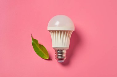Pembe arka planda taze yeşil bir yaprağın yanında ampul yandı. Tasarruf ve alternatif enerji kavramı. Üst Manzara. Yakın plan.