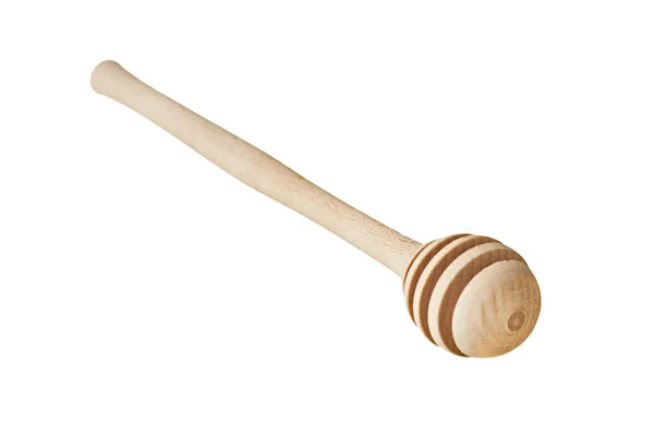 Jeden Nowy Czysty Żebrowany Drewniany Dipper Smacznego Słodkiego Miodu Pszczelego — Zdjęcie stockowe