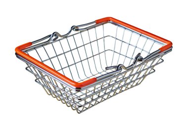 Turuncu lastik saplı, gölgesiz beyaz arka planda izole edilmiş boş metal market sepeti. Yakın plan.