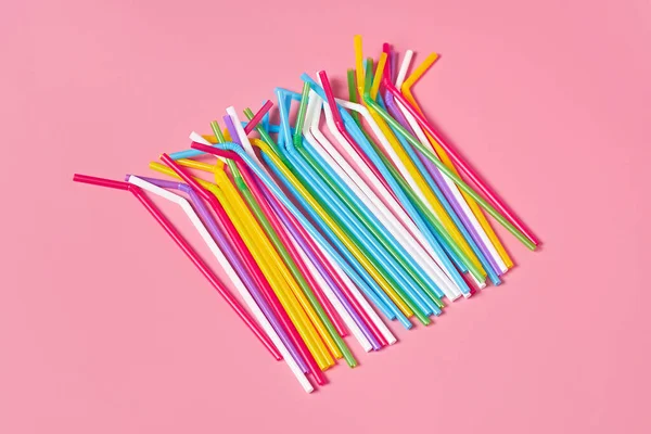 Heap Colorful Straws Beverage Pink Table Close — Stock Photo, Image