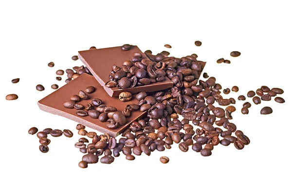 Pedaços Dispersos Barra Quebrada Chocolate Amargo Escuro Leitoso Grãos Café — Fotografia de Stock