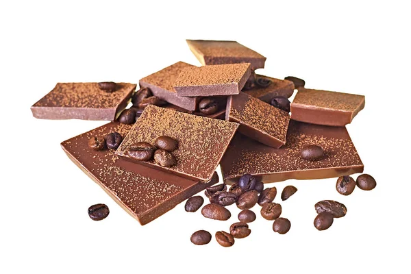 Nombreux Morceaux Barres Cassées Chocolat Noir Amer Laiteux Grains Café — Photo