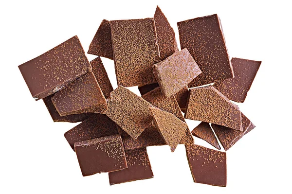 Molti Pezzi Bar Rotto Cioccolato Fondente Amaro Lattiginoso Spruzzato Cacao — Foto Stock