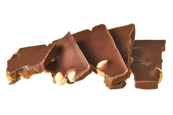 Rangée Morceaux Barre Chocolat Rectangulaire Avec Arachide Raisin Isolé Sur — Photo