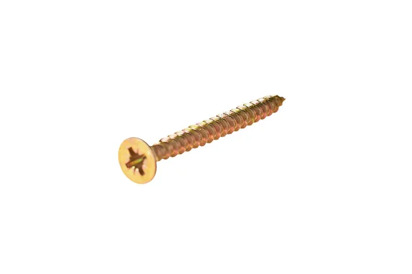 Tornillo Metálico Brillante Color Amarillo Dorado Con Rosca Espiral Aislada — Foto de Stock