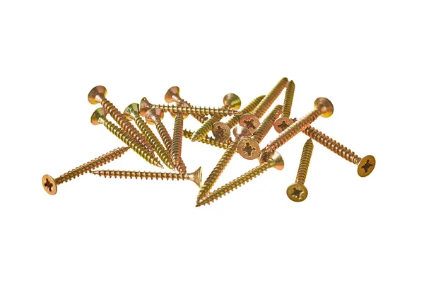Muitos Parafusos Metálicos Brilhantes Cor Amarela Dourada Com Rosca Espiral — Fotografia de Stock