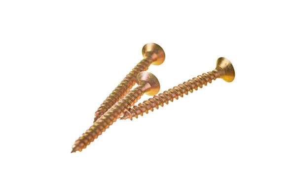 Três Parafusos Metálicos Brilhantes Cor Amarela Dourada Com Rosca Espiral — Fotografia de Stock