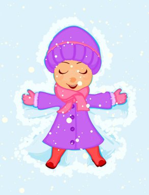 Karda oynayan, kar meleği yapan tatlı kız. Kış zamanı, açık hava oyunları. Vektör.