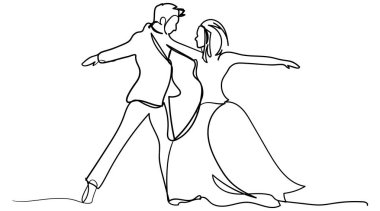 Dans eden çiftin durmaksızın çizdiği çizgi. Sanat, dansta genç ve güzel bir gelin ve damat çizmiş. Metin için arkaplanda boşluk var. Radyasyon kopyası. Kart, arkaplan, duvar kağıdı vesaire için elementler. Tasarım.