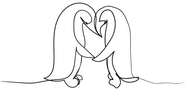 Minimalist one line art of penguins. Simple hand dawn continuous lines art of two sea penguins, trey giving a love message. Element for card, background, wallpaper etc. Rasterized copy.