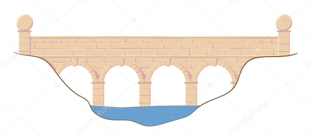 Arc stone bridge, river. Isolated vector illustration.