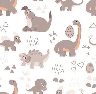 Çizgi filminde komik dinozorlar olan sevimli, pürüzsüz bir desen. Kart, davetiye, parti, pankart, anaokulu, bebek partisi, anaokulu ve çocuk odası dekorasyonu için ideal