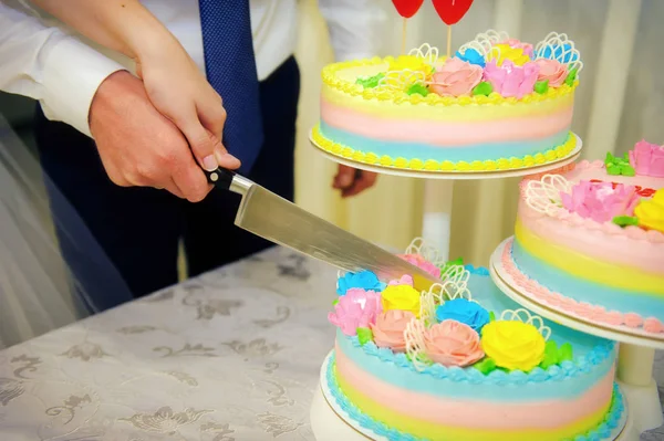 Newlyweds cut wedding cake, close-up.  Knife in the hands of bride and groom, cutting a beautiful large festive cake decorated with cream flowers.