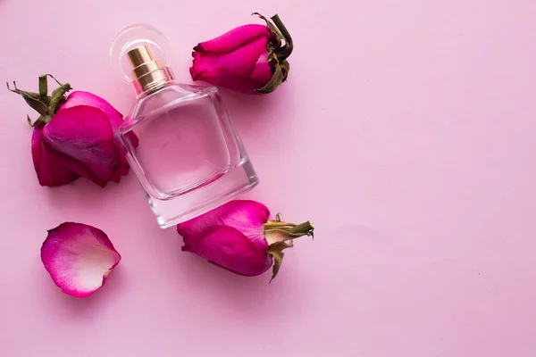 Парфюмерные бутоны роз и лепестки роз на розовом фоне, концепция красоты, аромат розовых духов — стоковое фото