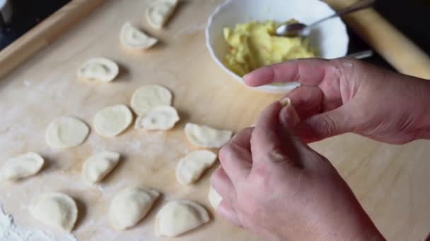 The woman in the kitchen prepares a delicate dish dumplings and varenyky — Stock Video