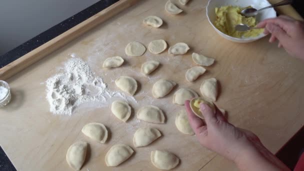 Жінка на кухні готує делікатну тарілку пельмені і вареники — стокове відео